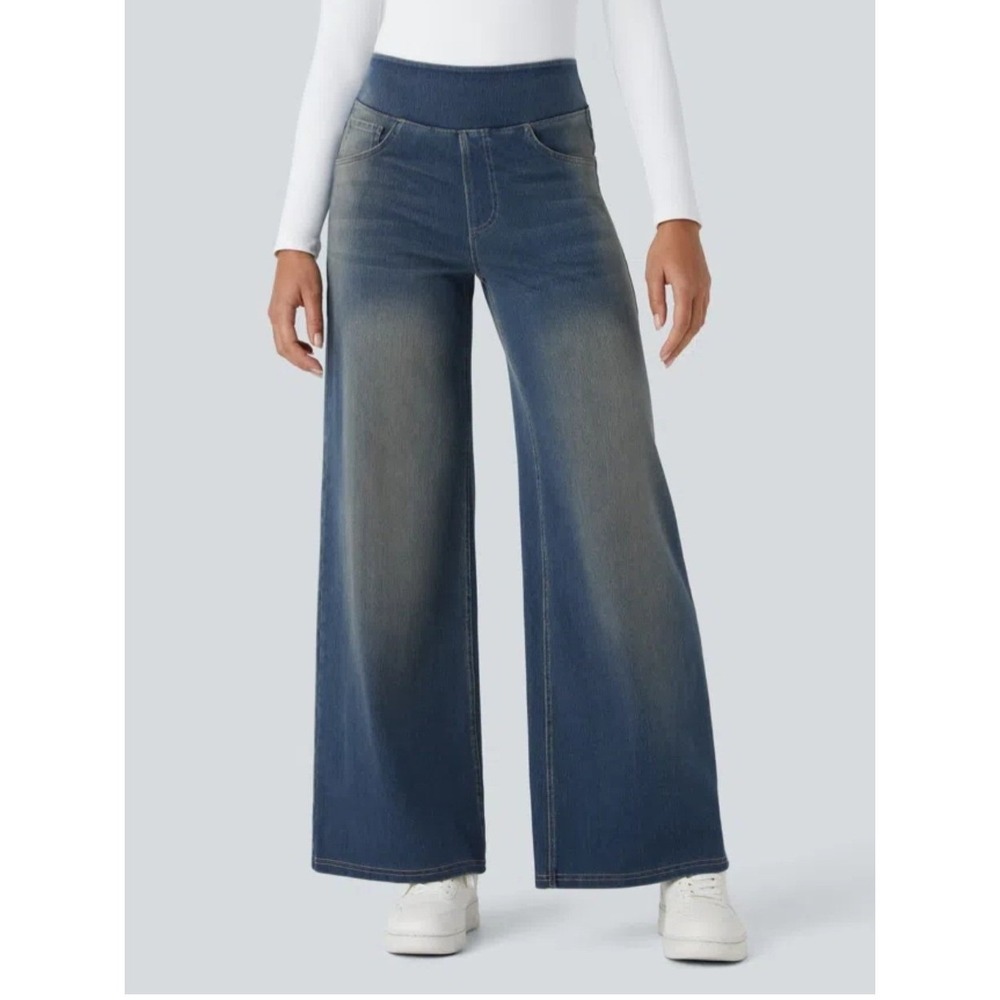 NWT Halara Flex High Waisted Pockets Baggy Wide Leg Washed Casual Jeans Large